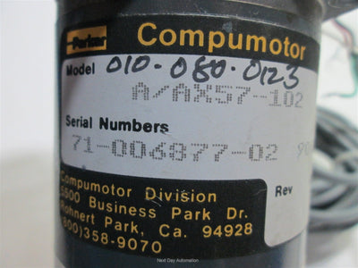 Used Parker A/AX57-102 Stepper Motor, Double Shaft: 0.25" Dia, 120oz-in, NEMA Size 23