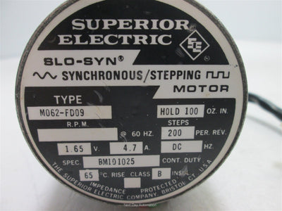 Used Superior Electric M062-FD09 Stepping Motor, Power: 1.65VDC 4.7A, 200 Steps/Rev