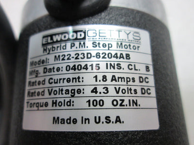 Used Elwood Gettys M22-23D-6204AB Hybrid P.M. Stepper Motor, Voltage: 4.3VDC