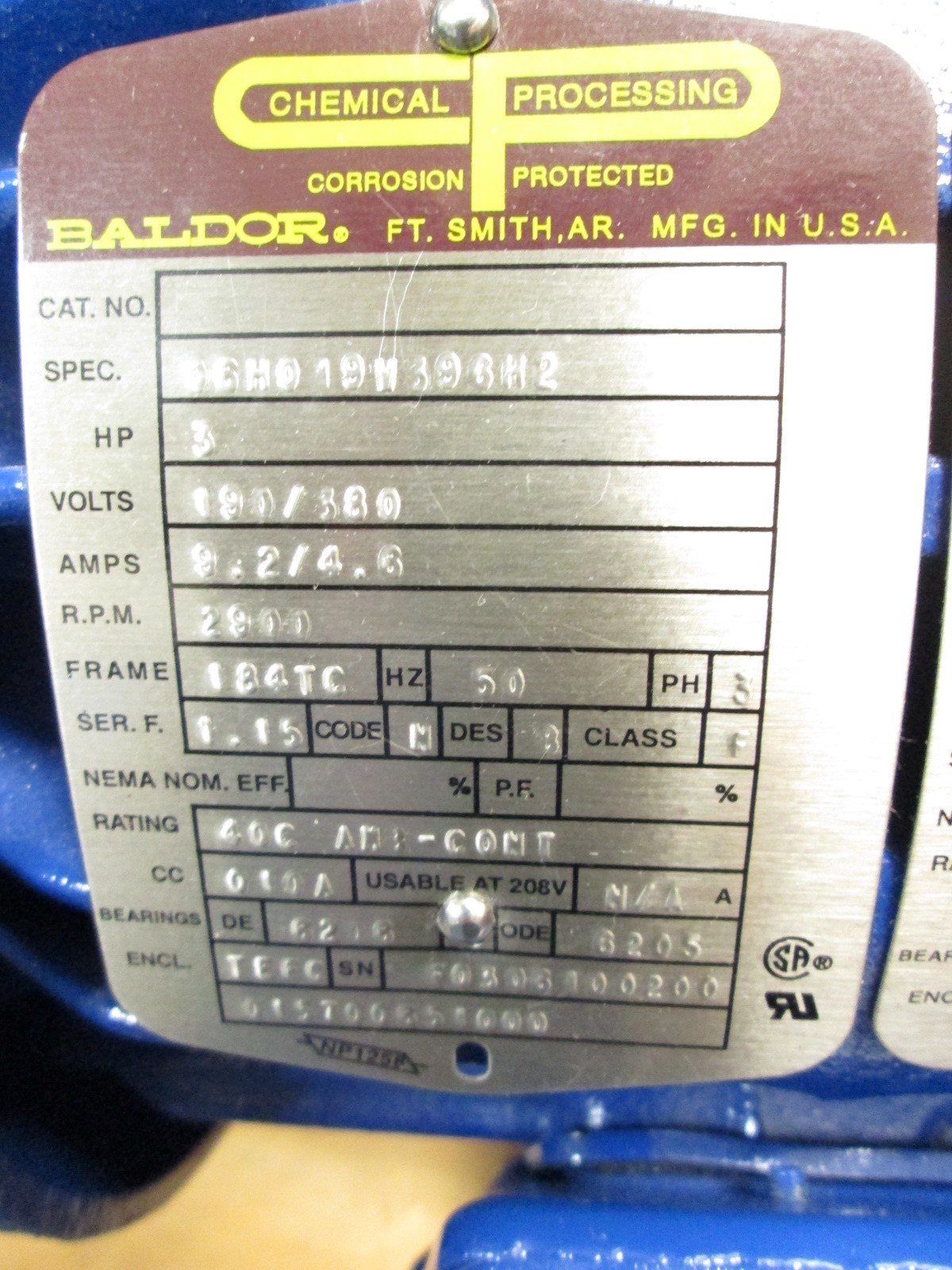 Used Baldor 06H19V396H2 Chemical Processing Motor Corrosion Protected 230/460VAC 5HP