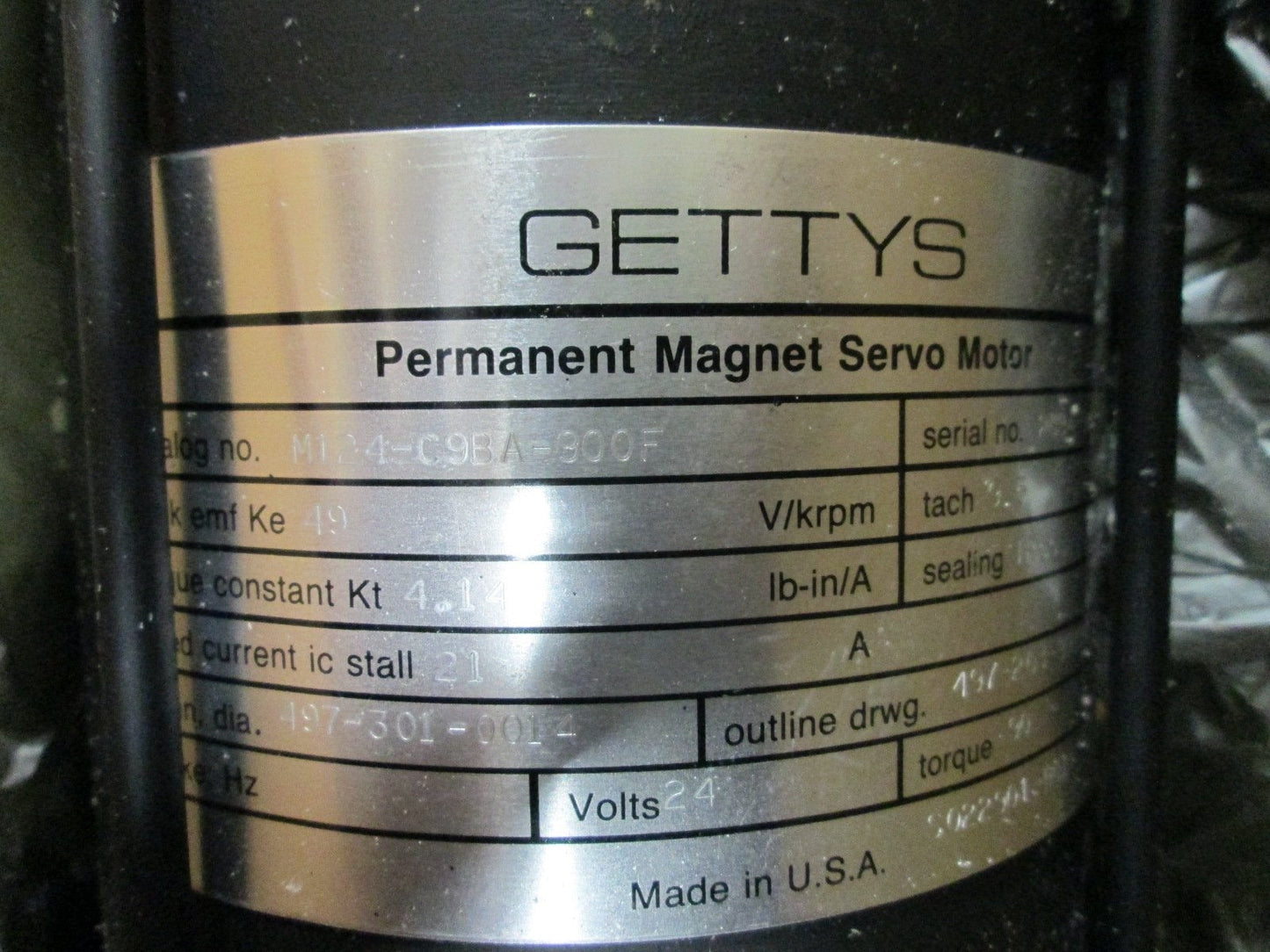 New Gettys M124-C9BA-900F Servo Motor, Voltage: 24V, Torque: 90 lbs-in