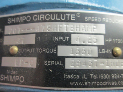 Used Shimpo 207---47SHFTBHAMP Circulute Speed Gear Reducer, 47:1 Ratio, Input: 4.25HP