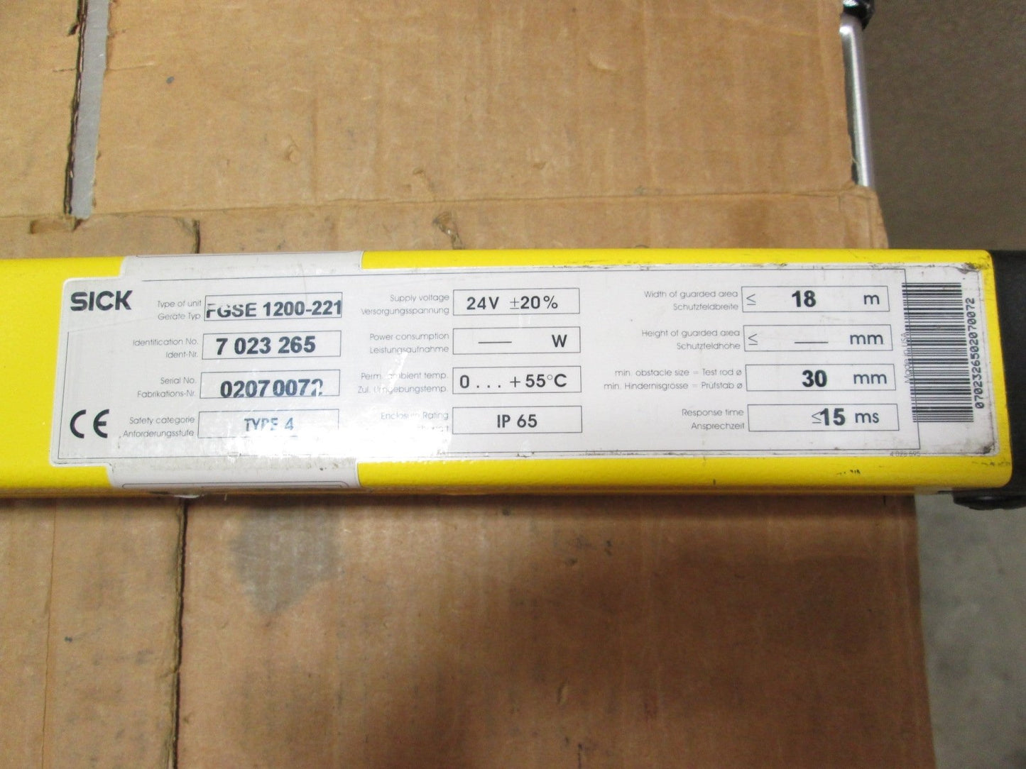 Used Sick Light Curtain Reciever FGSE 1200-221 48" 24VDC 1200mm Height 18m Range