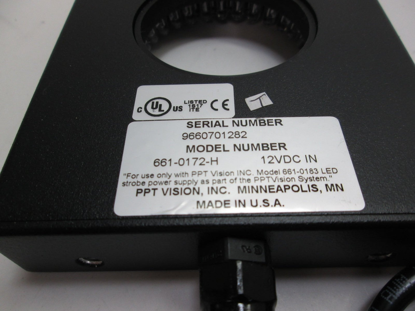 Used PPT Vision 661-0172-H LED Light Ring 12VDC 2.125" ID 48" Cable 5 Wire W/ Plug