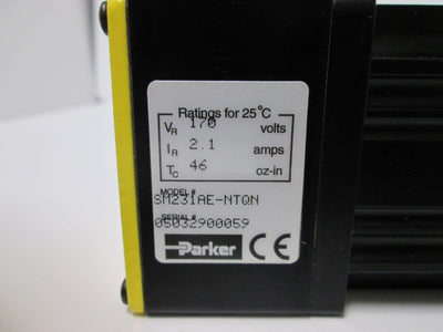 Used Parker Compumotor SM231AE-NTQN Servo Motor, 170V 2.1A 46oz-in, Shaft Dia: 3/8"