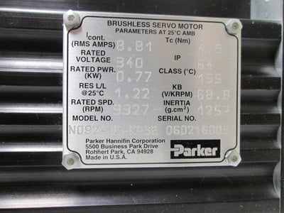 Used Parker N0924JE-KPSB Neometric Servo Motor, 340V, Shaft: 14mm, Torque: 4.9Nm